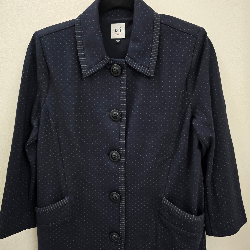 Cabi Sunday Topper Coat Navy Blue Micro Dot Pinstripe Trim Jacket 5658 Womens XS - Picture 2 of 6